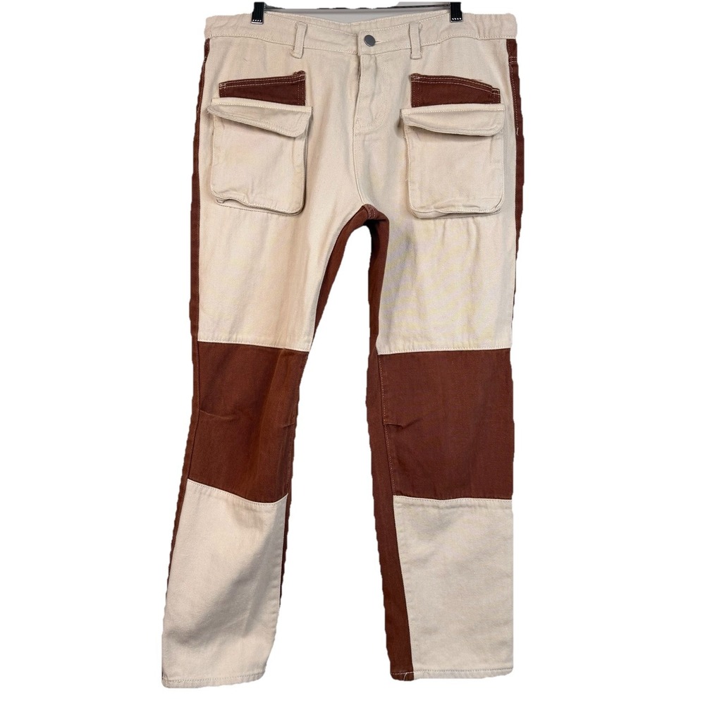 Unisex Ultra High Waisted Patched Denim Dad Jean Brown/beige Size 36X28 - Picture 2 of 16